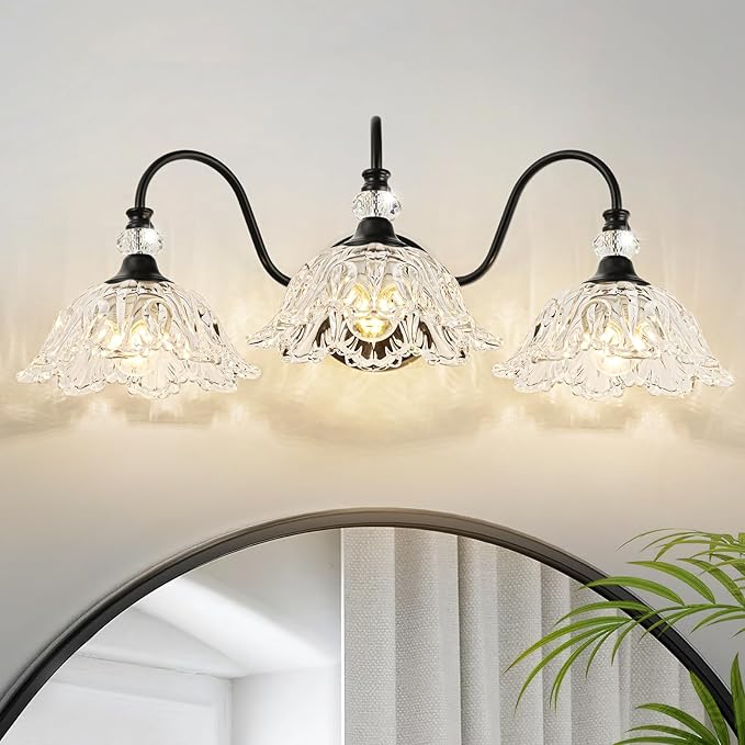 Black Bathroom Vanity Light,3-Light Vanity Light with Crystal Glass Shades,Vintage Farmhouse Vanity Lighting for Bathroom and Dressing Table