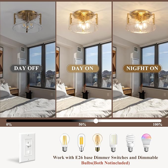Gold Semi Flush Mount Ceiling Light Fixture, Modern Flush Mount Ceiling Lights, 3-Light Glass Drum Fixture for Dining Room, Farmhouse Foyer Lighting Fixtures for Kitchen, Entryway, Hallway, Bedroom