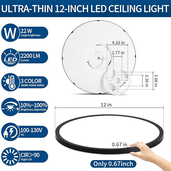 Modern 12'' Led Ceiling Light Fixture, Ultra Thin Flush Mount, Dimmable & 3000K/4500K/6000K Selectable, 22W 2200LM, Black, for Bedroom, Kitchen, Dining Room, Living Room, Home Office, Hallway