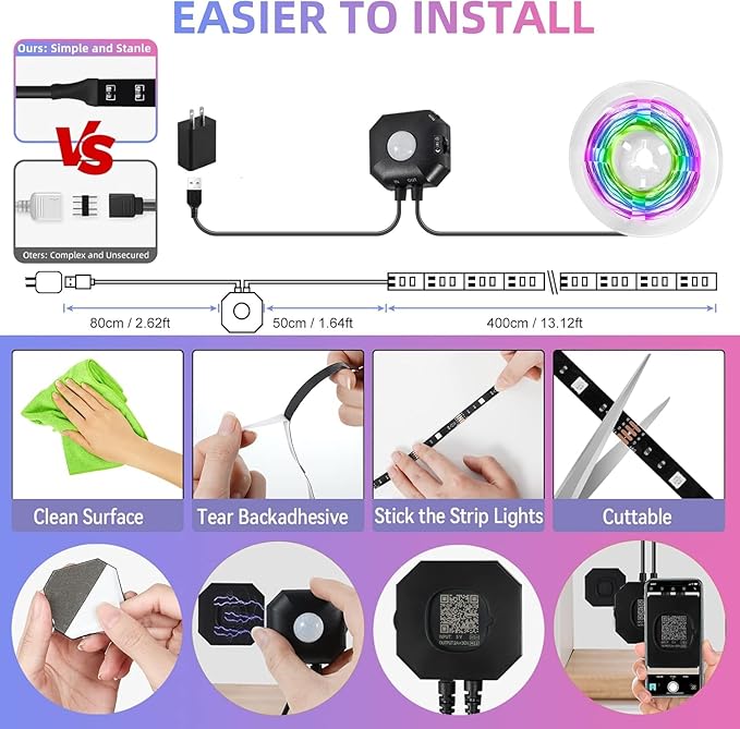 Motion Sensor Under Bed Lights,2x13.12Ft RGB Color LED Strip Lights with Constant On,Motion Activated,Light Sensing 3 Modes,App and RF Remote Control USB Music Sync Stair Lights for Bed Cabinet Closet