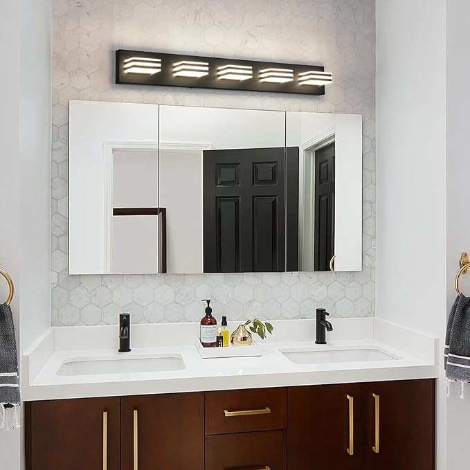 LED Wall Black Vanity Lights for Bathroom Light Fixtures 30W Adjust 3 Colors Modern Bath Lighing Over Mirror Acrylic Heads LED Vanity Light (5-Light,34inch)