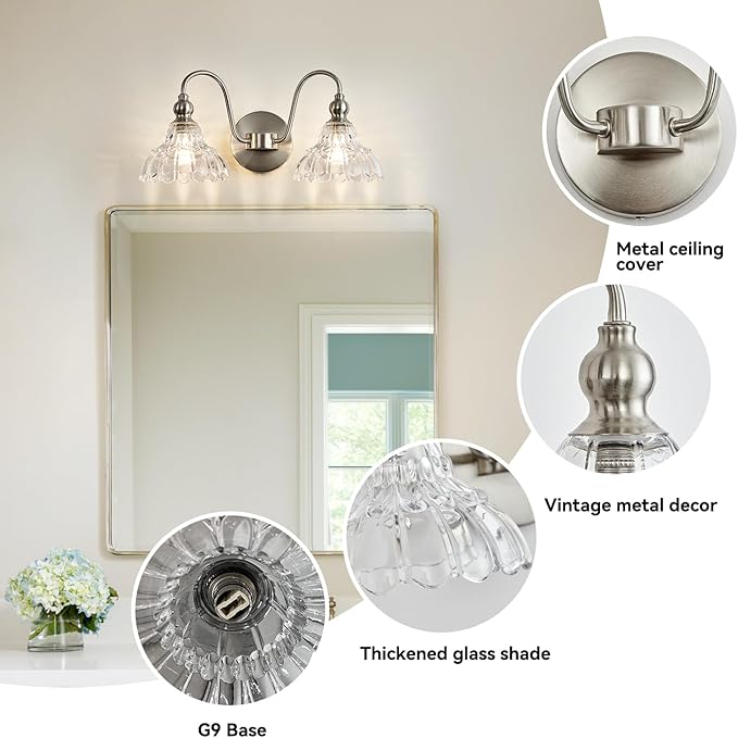 Brushed Nickel 2 Light Bathroom Vanity Light Fixtures Modern Vanity Lights for Bathroom Living Room Vintage Wall Sconces Over Mirror Hallway Wall Lamp