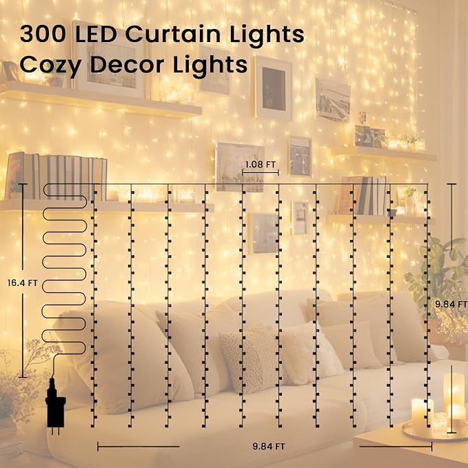 9.8x9.8Ft Curtain String Lights Plug in, 300 Warm White LED Curtain Lights with Remote,Timer,Memory,Waterproof Clear Wire for Indoor Outdoor Bedroom Window Decor