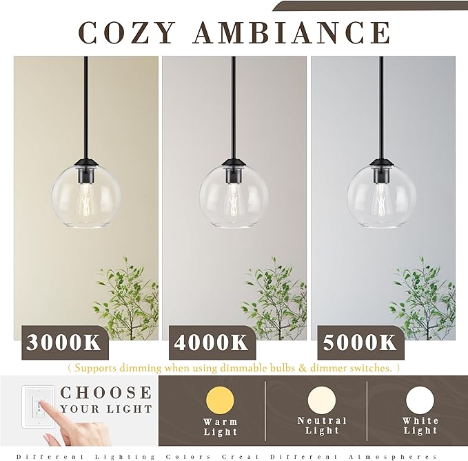 7 Inch Matte Black Modern Pendant Lights Kitchen Island Mid Century Modern Pendant Light Fixtures with Clear Glass Globe Modern Hanging Pendant Light for Bathroom Bedroom （Bulb Incl）