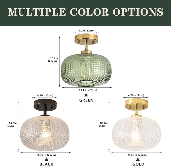 Modern Semi Flush Mount Ceiling Light, Vintage Green Glass Shade with Adjustable Hanging Gold Sloped Ceiling Lights Fixtures for Hallway Entryway Kitchen Bedroom Laundry Room,1-Light,9.84 Inch