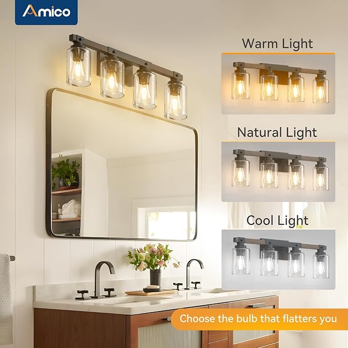 Amico Farmhouse Bathroom Vanity Light Fixtures,Rustic 4-Light Industrial Painted Wood Lights,Vintage Black Wall Sconces Bathroom Vanity Lighting with Bubble Glass Shade