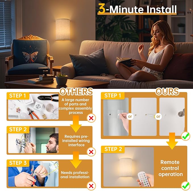 Shenmoyl Battery Operated Wall Sconce Set of 2, Rechargeable 6000mAh Magnetic Bulb, No Drill Stick On Cordless Wall Light, RGB & 3 Color Temperatures Dimmable with Linen Shade for Bedroom Living Room