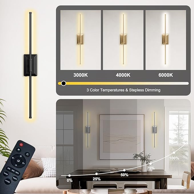 Battery Operated Wireless Wall Sconce - Modern Rechargeable Led Sconces in Black Gold Silver - Bedroom Decor Lights Set of 2 - Long Indoor Living Room Bathroom Remote Wall Light