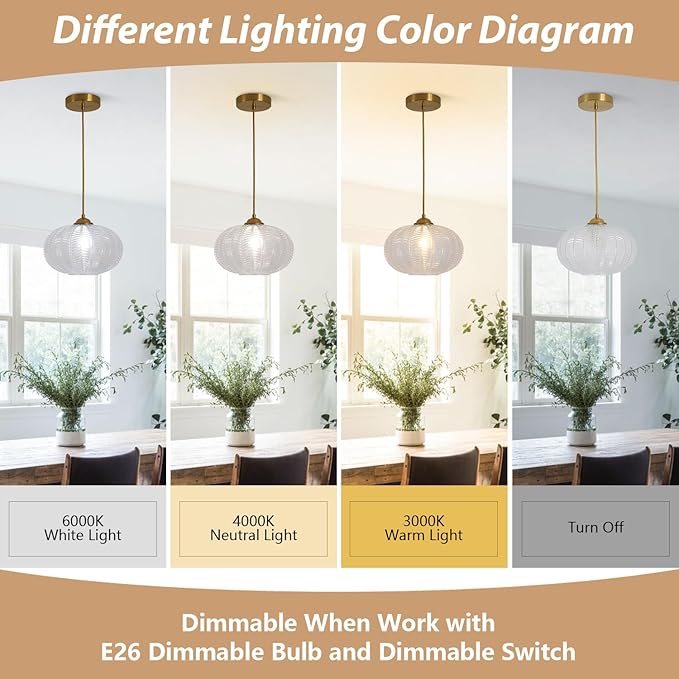 KCO Lighting Clear Ribbed Glass Pendant Light Vintage Brass Gold Pendant Lighting Large Globe Pendant Lights Kitchen Island Mid Century Modern Hanging Light for Living Room