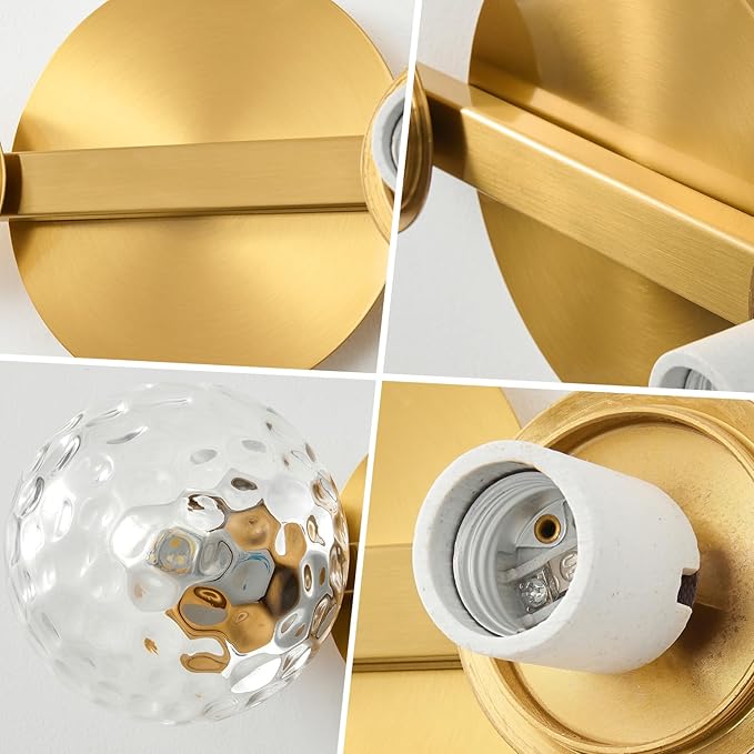Gold Bathroom Vanity Light Fixtures: Modern Wall Scones With 2 Hammered Clear Glass Shades - Globe Makeup Lighting Fixture over Mirror - Brass Ball Powder Room Vanities Lights for Hallway Bedroom