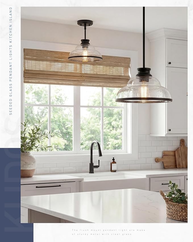 kudos 2 Pack Pendant Lights Kitchen Island, 11" Black Pendant Lights with Seeded Glass Shade, Farmhouse Large Hanging Light Fixture for Kitchen Sink Dining Room Hallways, KDPL14-BK-2PK