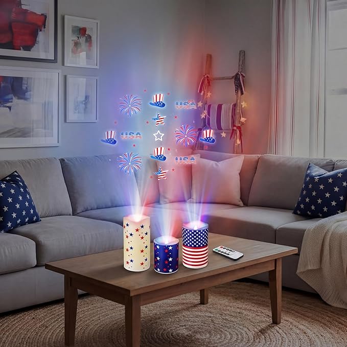 Baquler 3 Pcs Independence Day Flameless Projector Candle with Remote Timer - American Flag Patriotic Projector Light LED Candles Battery Operated for 4th of July Home Indoor Holiday Party Decoration