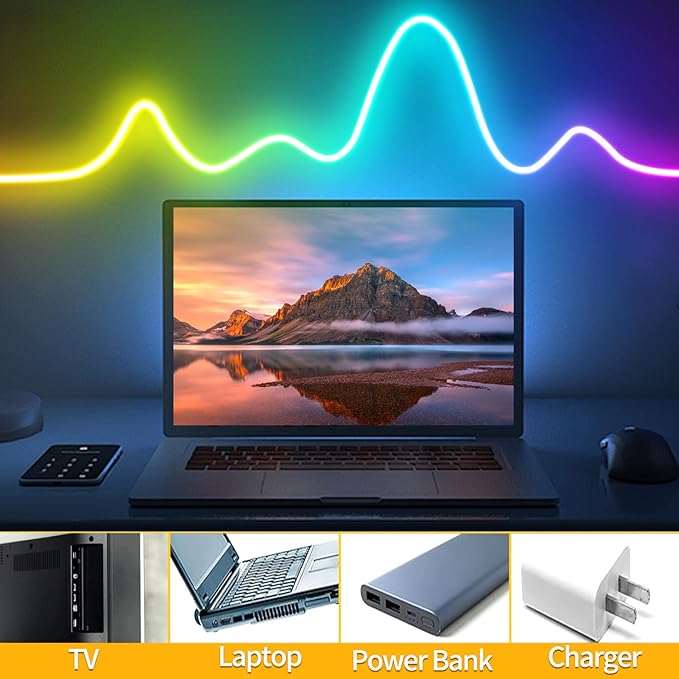 LED Neon Lights，6.6ft USB Powered LED Strip Lights，5V Music Sync Color Changed Rope Light with APP Control，IP65 Waterproof RGB Rope Lights for Bedroom，Cabinet,Kitchen (with Adhesive Backing)