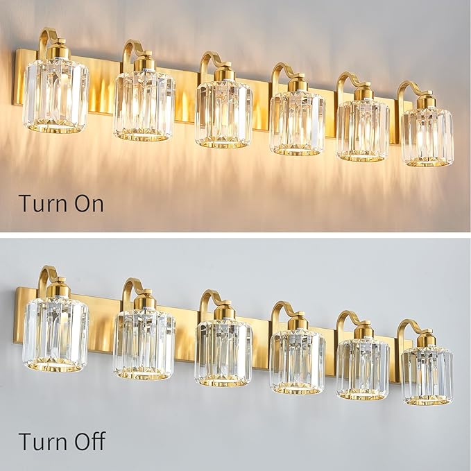 Modern Bathroom Vanity Light 6-Lights Brass Gold Vanity Light Crystal Wall Light Bathroom Light Fixtures with Round Shade (Exclude Bulb)