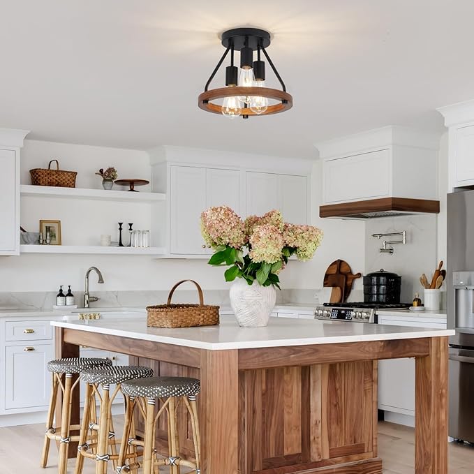 Modern Farmhouse Wood Semi Flush Mount Ceiling Light, Hallway Light Fixtures, Entryway Light Fixture, 3-Light Rustic Industrial Ceiling Lamp for Kitchen Bedroom Laundry Dining Room Lighting Fixtures