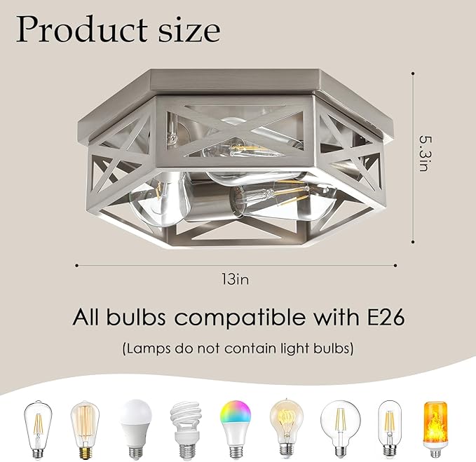 13 inch Brushed Nickel Flush Mount Ceiling Light Fixture,3-Light Hallway Light Fixtures Ceiling Mount for Kitchen Farmhouse Bedroom1 Pack