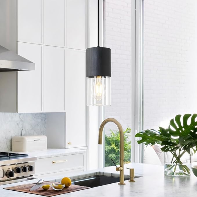 3-Pack Black Pendant Light Fixtures, Adjustable Modern Pendant Lights for Kitchen Island, Industrial Clear Glass Pendant Lights for Dining Table Hallway Bedroom Living Room