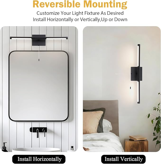 24 Inch Black LED Bar Bathroom Vanity Light,360° Rotatable Vanity Light Fixtures with Pull Chain Over Mirror,4000K Modern Bathroom Sconces Wall Lighting Picture Light