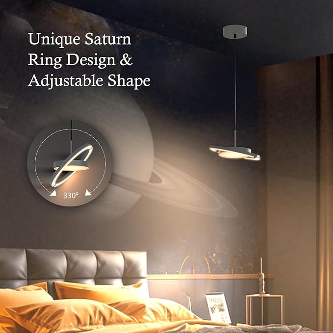 FIMEI LED Saturn Pendant Lights, 3000-6000K Dimmable Adjustable Hanging Chandelier Saturn Ring Design for Dining Room Kitchen Island Entryway Bedroom Foyer Black (Gray, 1)