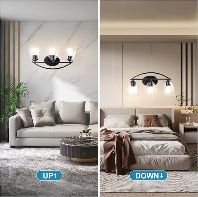 Lightdot Vanity Lights, 3 Light Bathroom Light Fixtures, Modern Vanity Light with Clear Glass Shade for Bathroom, White Bathroom Wall Lamp for Mirror Bedroom Living Room Kitchen Hallway Cabinet Porch