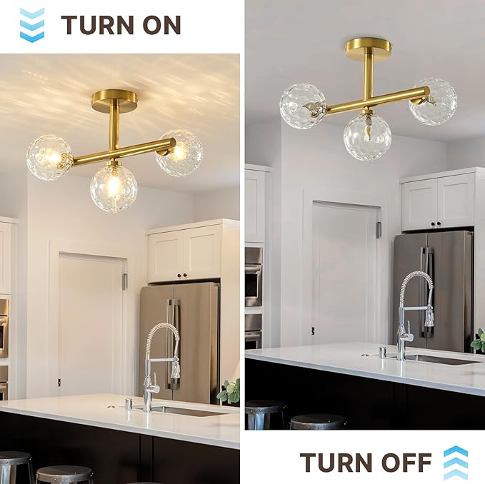 Modern Globe Glass Ceiling Light: 13 Inch Sputnik Semi Flush Mount Light with Hammered Clear Glass Shade - 3 Lights Gold Ceiling Lighting Fixture - Dimmable Linear Chandelier for Bedroom Living Room