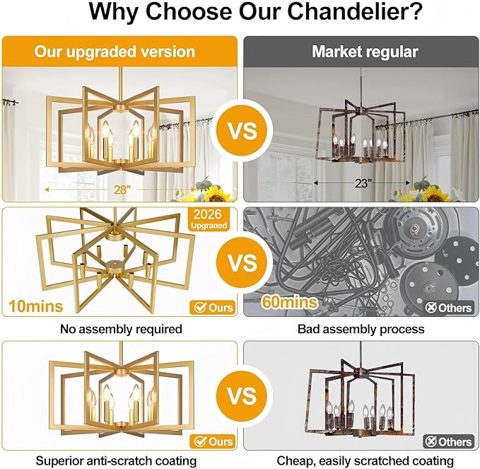 28" Modern Gold Chandelier for Dining Room, No Assembly Required Black Dining Room Light Fixture Over Table, Industrial Metal Hanging Pendant Lights Fixture for Kitchen Island, Entryway, Foyer