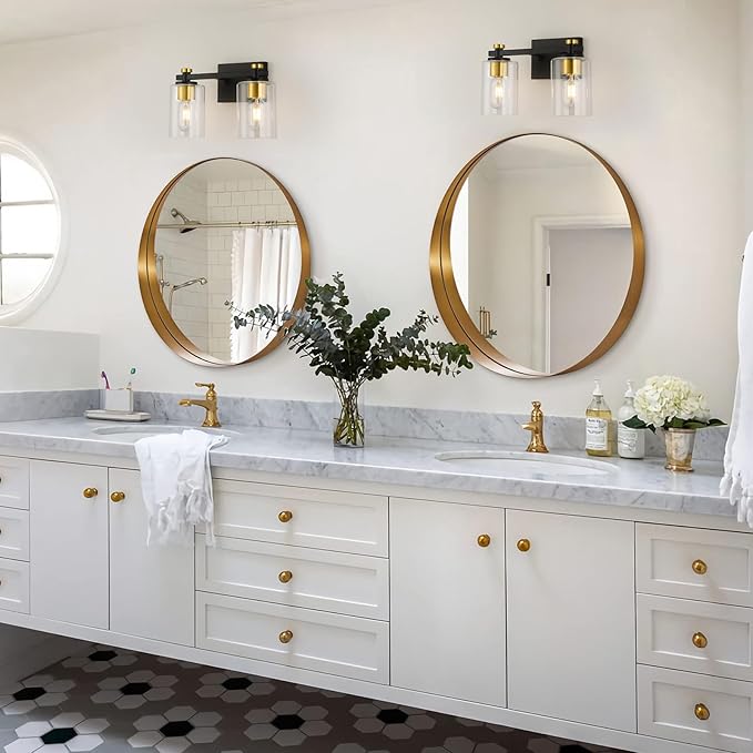 2 Light Bathroom Vanity Light, Black and Gold Bathroom Vanity Light, Bathroom Lighting Fixtures Over Mirror with Clear Glass Shade, Bathroom Light for Bathroom (E26 Base)