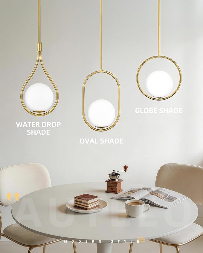 AUTELO Pendant Lights Kitchen Island, 1-Light Brushed Gold Modern Pendant Lights with Milky White Globe Hanging Lamp, Adjustable Rods for Kitchen Bar Living Room, H9380 MGBG