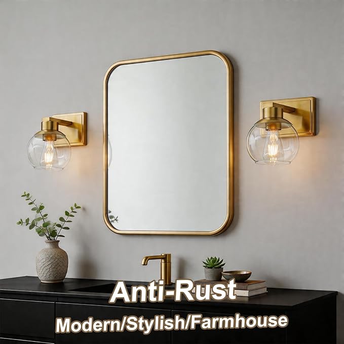 Brushed Brass Bathroom Sconces Set of 2, Gold Wall Sconces Set of Two, Bathroom Vanity Light with Clear Glass Shade, Modern Wall Light Fixtures for Bath Mirror Hallway Bedroom Living Room, Hardwired