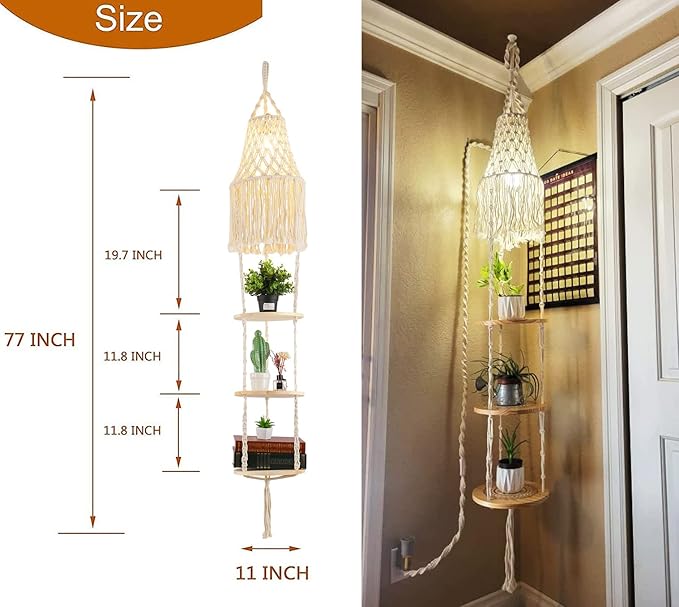 QIYIZM Boho Plug in Pendant Light Hanging Light with Plug in Cord,Dimmable Switch Hanging Lamp Macrame Lamp Shade and Plant Holder Shelf Indoor for Bohemian Decor Bedroom Corner Living Room