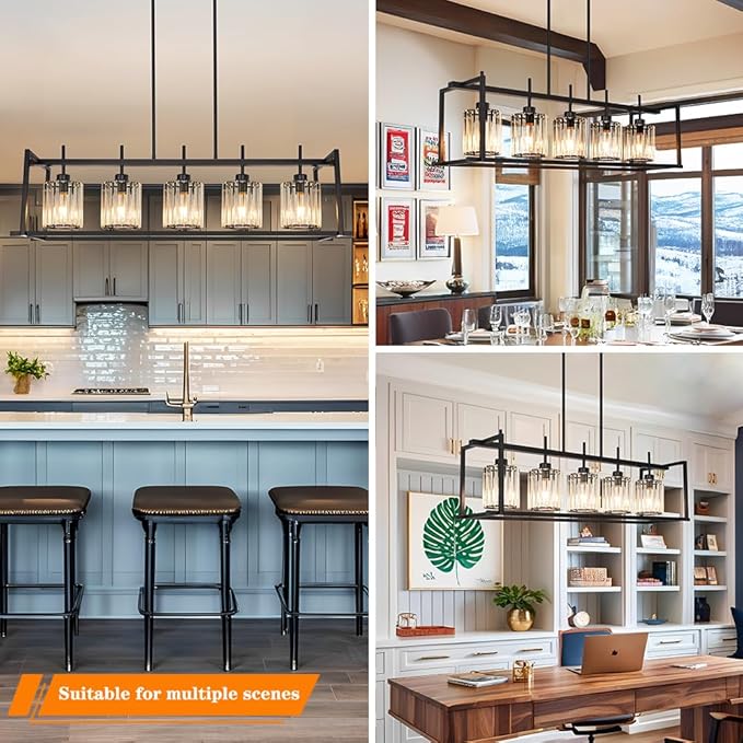 DSMJFU Black Farmhouse Rectangular Chandelier for Dining Room, 5-Light Linear Pendant Lighting, Rectangular Kitchen Island Light with Crystal Shades, Adjustable Height Rectangle Hanging Lighting