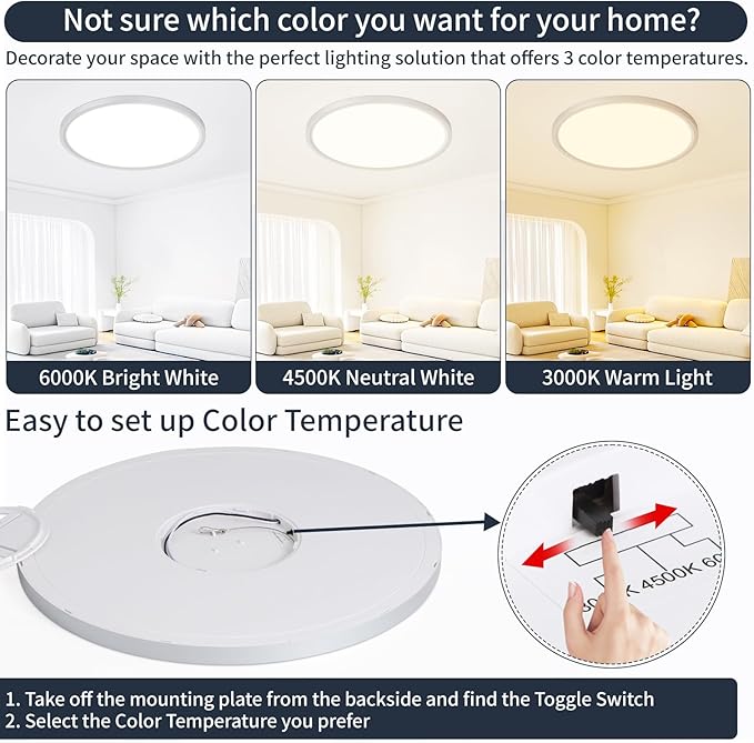 20 Inch Flush Mount Ceiling Light, Bright 40W Dimmable LED Fixture 4000LM, 3000K/4500K/6000K Adjustable, Durable Round Ceiling Lamp for Bedroom, Kitchen, Living Room, Dining Room, Bathroom, Silver