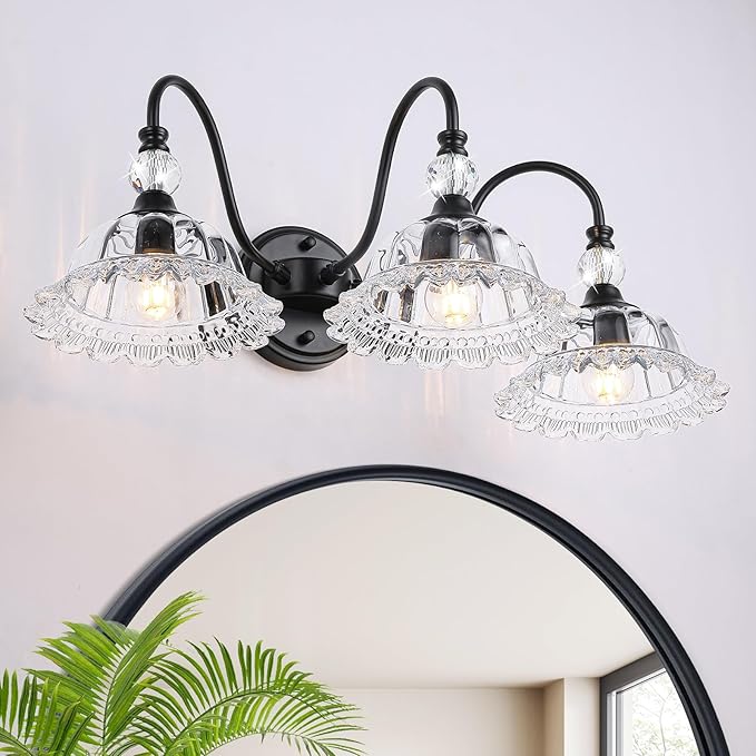 Vintage Bathroom Vanity Light Fixtures 3 Lights Matte Black Vanity Lights for Bathroom with Floral Crystal Glass Shades Wall Lighting Fixtures Over Mirror(Exclude E26 Bulb)