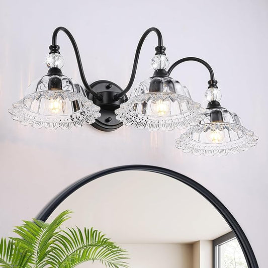 Vintage Bathroom Vanity Light Fixtures 3 Lights Matte Black Vanity Lights for Bathroom with Floral Crystal Glass Shades Wall Lighting Fixtures Over Mirror(Exclude E26 Bulb)