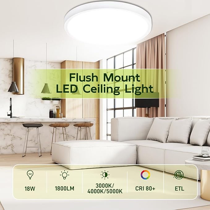 hykolity 2 Pack 9 Inch Selectable CCT LED Round Flat Panel Light, 18W 1800LM 3000K/4000K/5000K, Edge-Lit Flush Mount Ceiling Light Fixture for Kitchen, Bedroom, Laundry and Closet Room，White