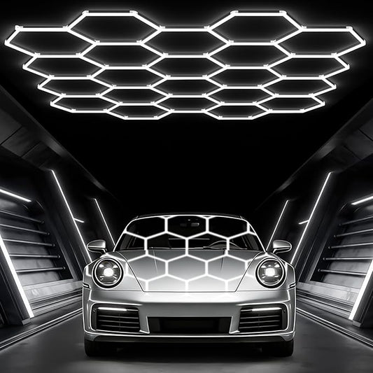 Glitgate Hexagon LED Garage Light, 581W 63910LM 22-Grid Honeycomb Hex Lighting System, 6500K Ultra Bright Ceiling Light for Garage, Car Detailing Shop, Workshop, Basement, Gym