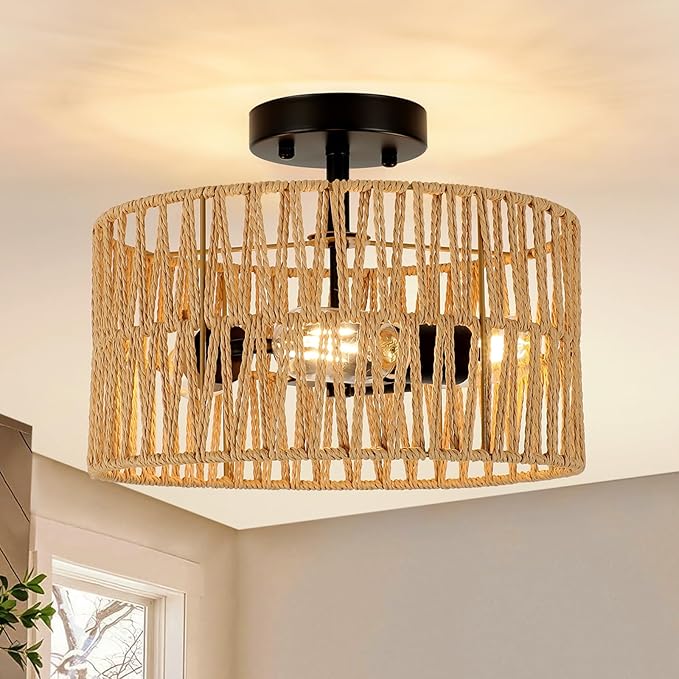 Woven Semi Flush Mount Light Fixture, 3-Light Farmhouse Rattan Light Rustic Coastal Hemp Rope Black Ceiling Light for Hallway Bedroom Kitchen Entryway Farmhouse