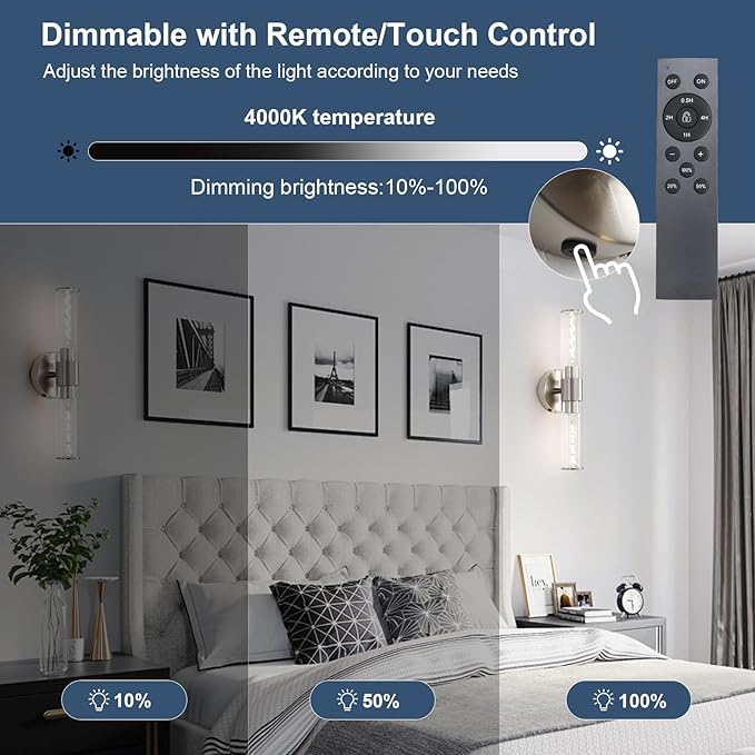 Battery Operated Wall Sconces Set of Two Modern Rechargeable Wall Sconces with Remote Control LED Sand Nickel Wall Lights for Living Room Bedroom (2 Pack)