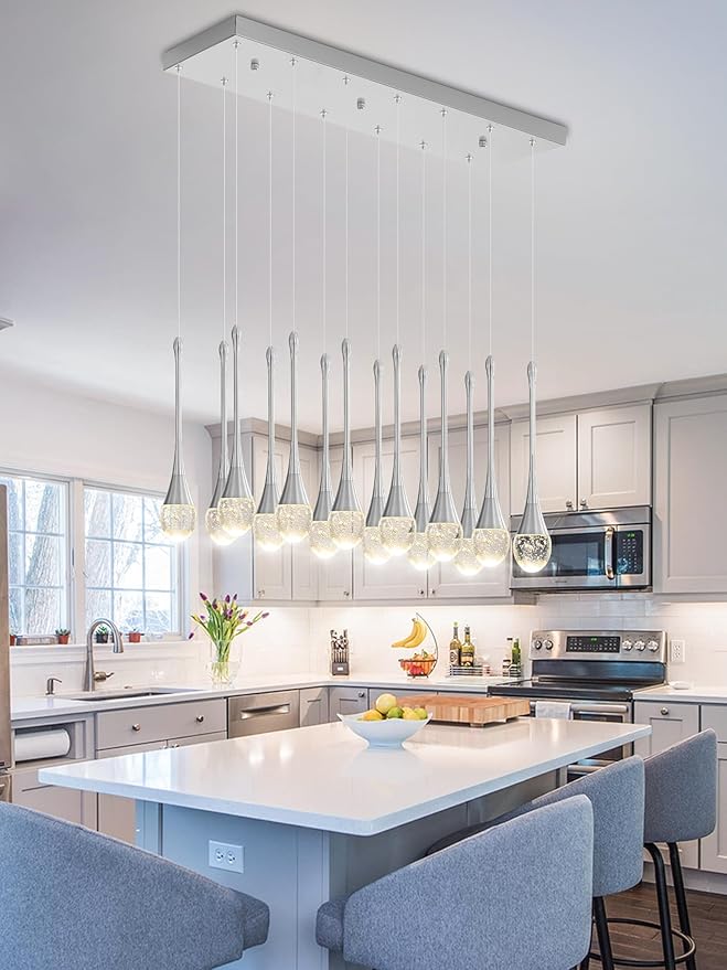 ykolupty Modern Rectangular Chandelier,14 Lights Silver Raindrop Chandelier Lighting,Industrial Linear Pendant Ceiling Light Fixture for Dining Living Room Kitchen Island