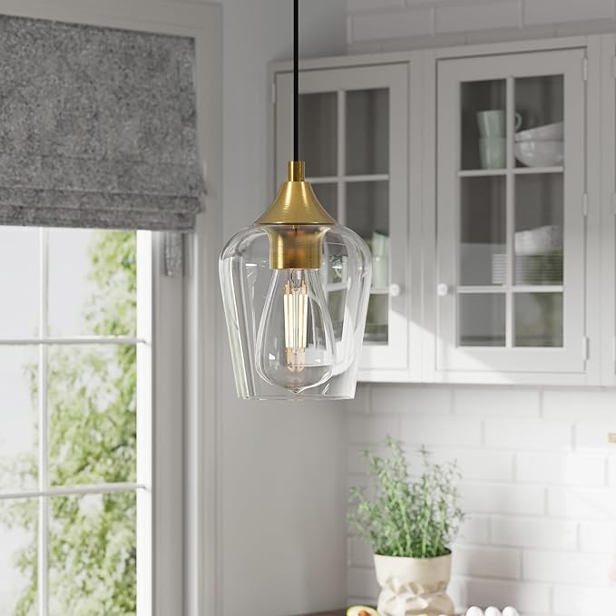 VONLUCE Pendant Lights Kitchen Island, Brushed Gold Pendant Light Fixtures with E26 Base & Adjustable Cable, Modern Pendant Lighting with Glass Shade for Living Room Bedroom Hallway, 2 Packs