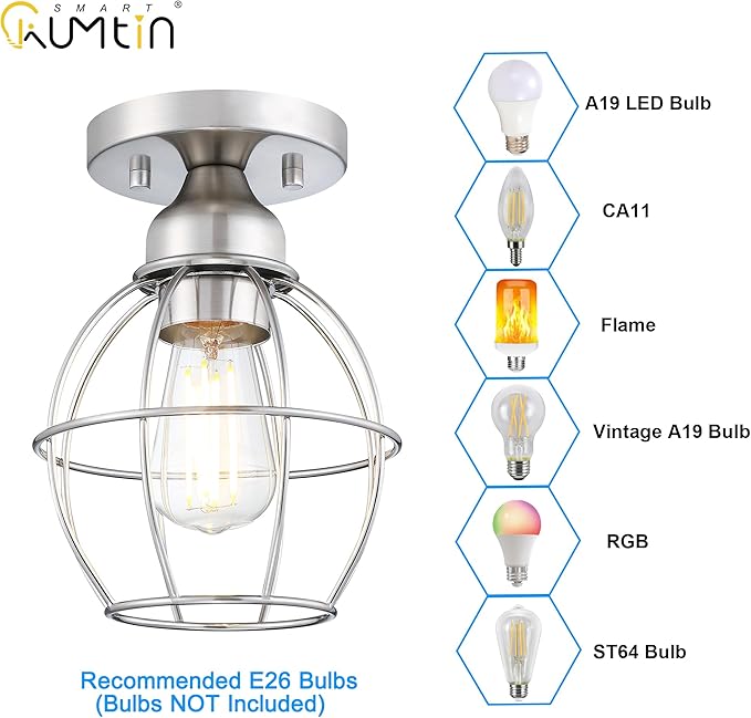 Farmhouse Ceiling Light Fixture, Vintage Semi Flush Mount Ceiling Light, Small Metal Cage Lighting Lamp for Hallway Entryway Kitchen Porch, Nickel Finish, 1-Pack