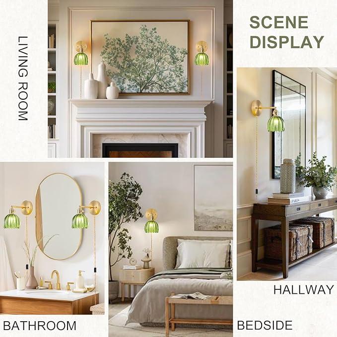 Plug in Wall Sconces Set of 2, Vintage Wall Sconce Light with Tulip Green Glass Lampshade, Bedroom Wall Sconce with Switch and Plug in wall lamp Cord, Gold Wall Light Wall Decor Set of 2