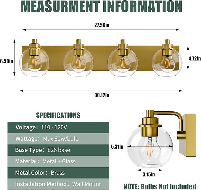 Espird 4 Light Bathroom Light Fixtures-Brushed Gold Bathroom Vanity Lights, Modern Vanity Lights 4-Light Bathroom Lighting Fixtures Over Mirror with Clear Glass Globe Shade