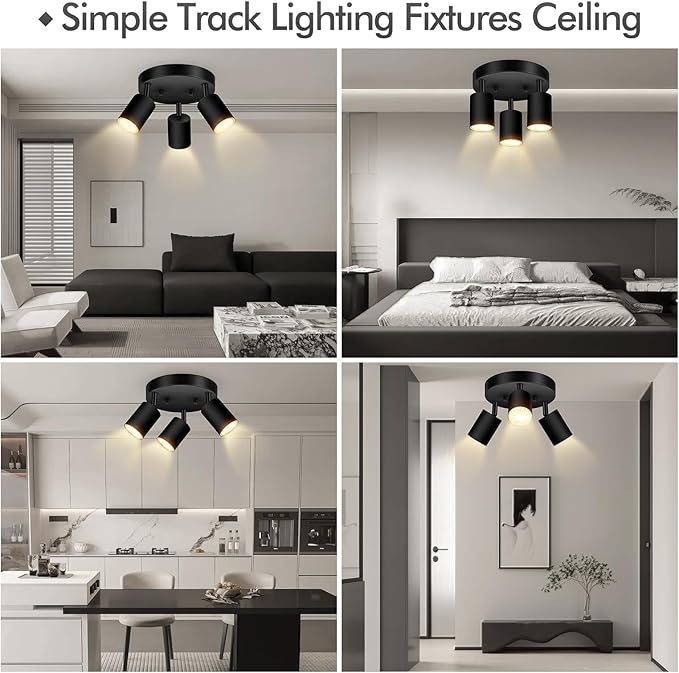 3 Light Track Lighting Fixtures Ceiling, Matte Black Round Directional Ceiling Spotlight, GU10 Flush Mount Ceiling/Wall Fixture, Adjustable Modern LED Track Light for Kitchen/Living Room, No Bulb
