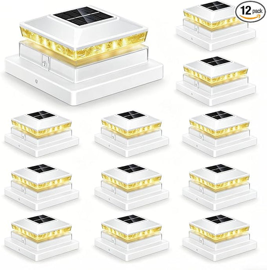 Solar Post Cap Lights 12 Pack, IP65 Waterproof Outdoor Fence Post Solar Lights for 3.5x3.5 4x4 5x5 Wood/Vinyl Posts, 10-12H Upgraded Warm/Cool White Glow for Garden/Patio/Porch - White