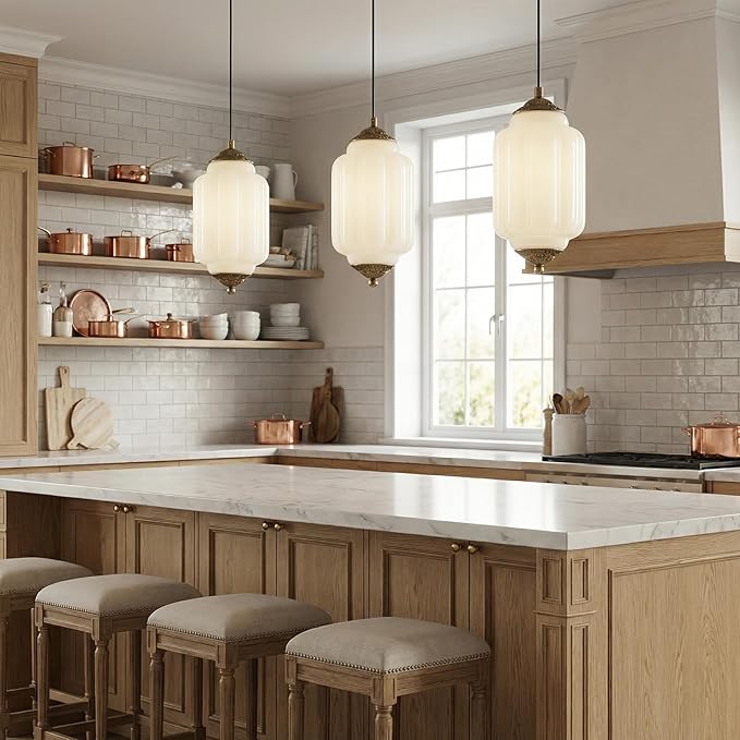 Vintage Milk Glass Pendant Lights Kitchen, Brass color Glass Ceiling Light Fixture, Retro Industrial Pendant Lighting for Dining Room, Kitchen,, Entryway, Hallway (Gold metal + white glass., 5.5in)