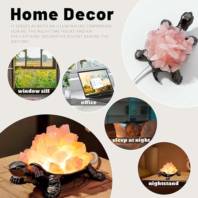 Runyangshi Natural Rose Quartz Turtle Night Lamp Healing Crystal Bedroom Bedside Table Lamp USB Port Home Decor Women Men Gift
