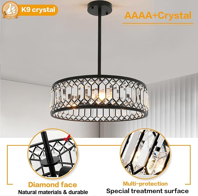Crystal Ceiling Lights 16 Inch Modern Semi Flush Mount Ceiling Light Fixture,Farmhouse Rustic Black Chandelier for Drawing Room Bathroom Kitchen Dining Room Living Room Foyer(4 Light)