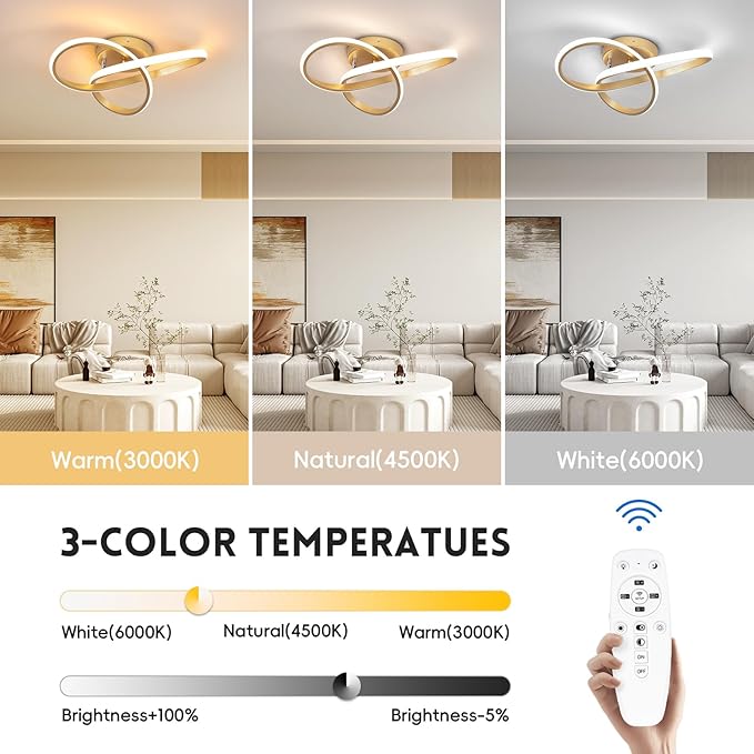 CANEOE Modern Led Ceiling Light,Dimmable Close to Ceiling Light with Remote Control Gold Flush Mount Ceiling Lamp for Bedroom Living Room Kitchen Laundry Room Lamp Lighting Fixtures
