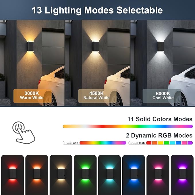 Solar Wall Light Outdoor,3000/4500/6000K/RGB 13 Modes Dusk to Dawn Wall Lighting Solar Sconce Lights IP67 Waterproof Up and Down Solar Lights Outdoor for House, Yard ,Garage, Porch,Fence,Patio(4PCS)